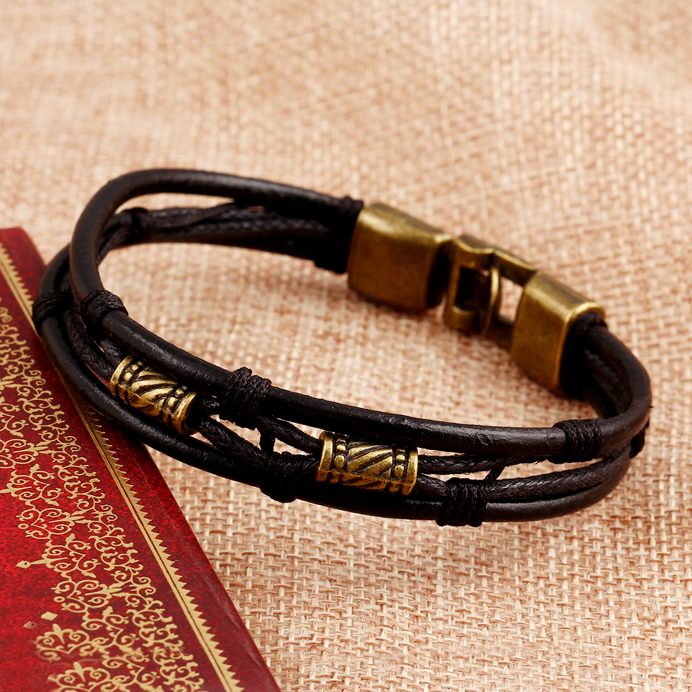 Läderarmband med bl.a repdetaljer i Svart -Antik Brons - 2