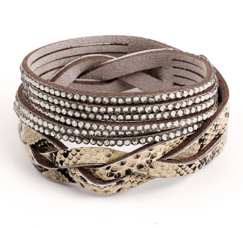 Armband "Snake" med Rhinestone och PU-läder  -Grå