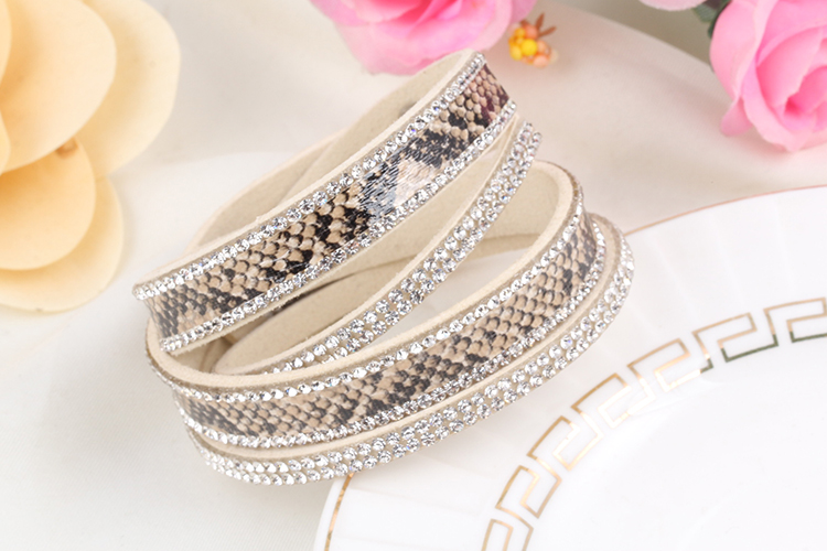 Armband "Snake" med Rhinestone och PU-läder  -Beige - 2