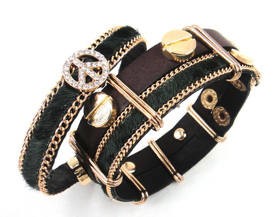 Läderarmband i två delar med kristall och metalldetaljer -Svart - 3