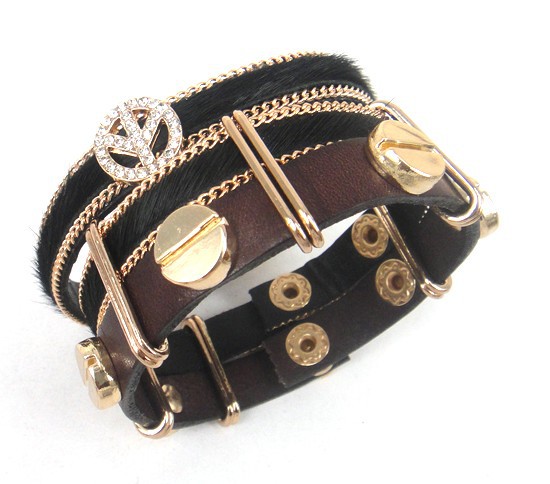 Läderarmband i två delar med kristall och metalldetaljer -Svart - 2