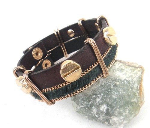 Läderarmband i två delar med kristall och metalldetaljer -Svart - 5