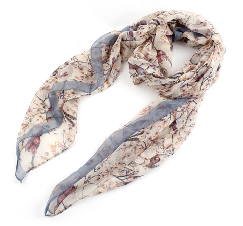 Scarf "Bird" i 100% Viskos  -Blå bård