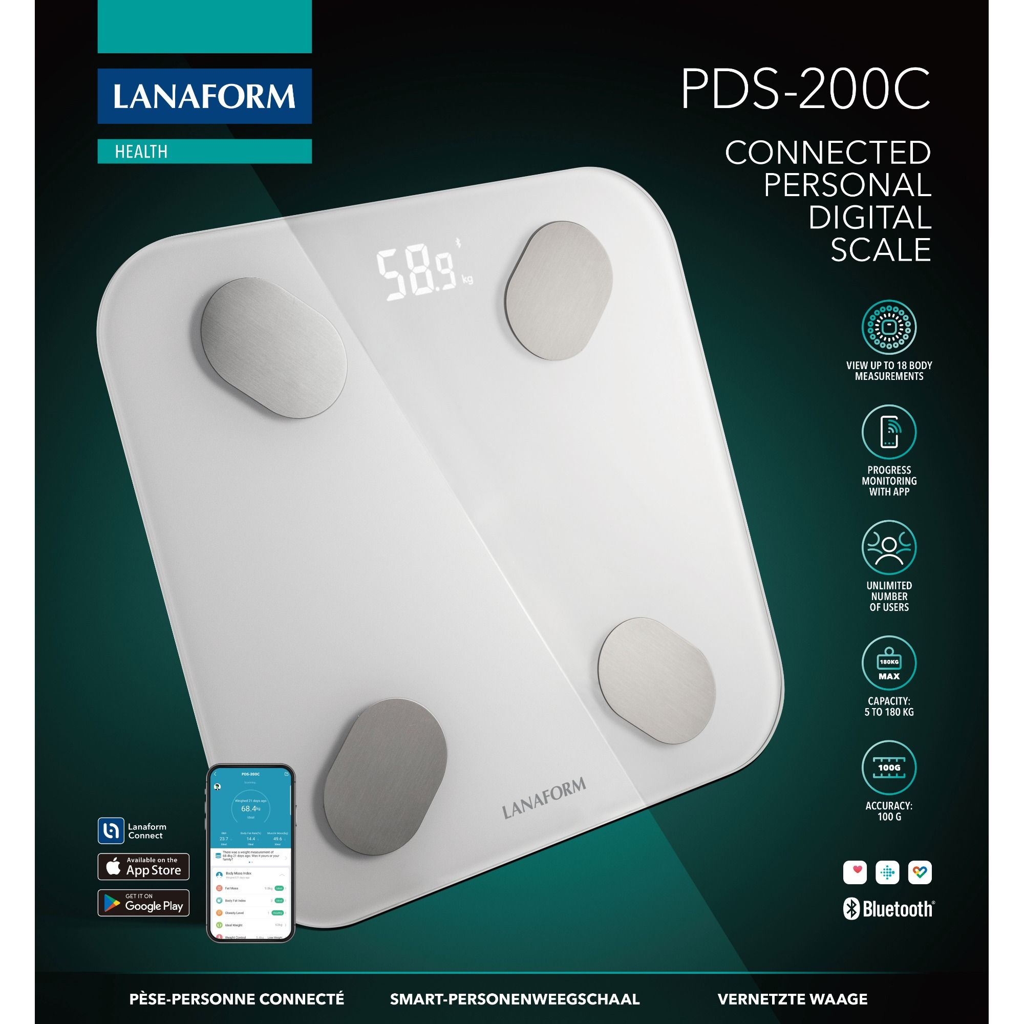 Lanaform PDS-200C – Smart personvåg med app, kroppssammansättning och Bluetooth - 5