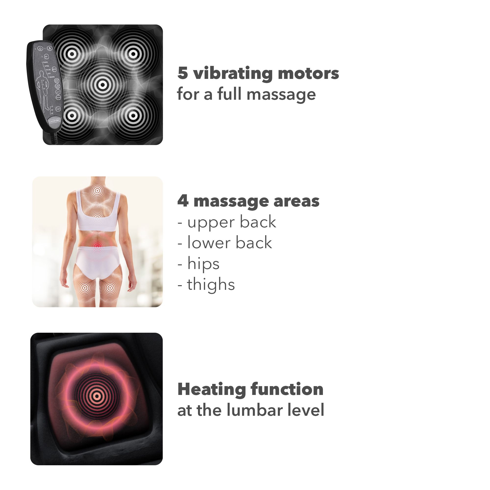 Lanaform Back Massager – Vibrerande massagekudde med värme för rygg och säte - 3