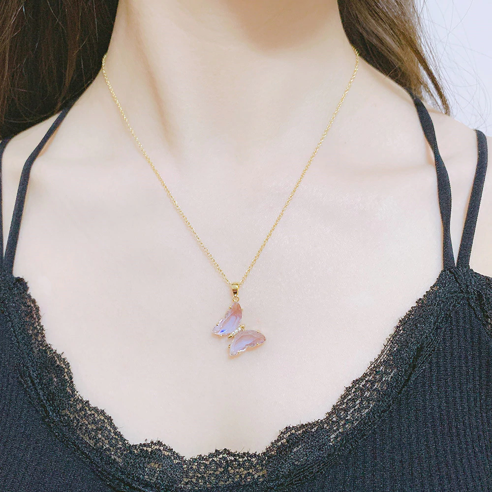 Halsband "Butterfly" i 18K Guldplätering -Rosa kristaller - 3
