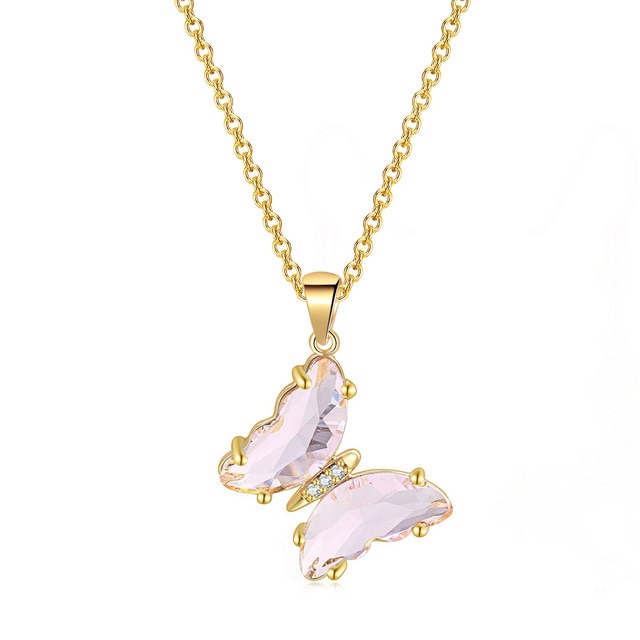 Halsband "Butterfly" i 18K Guldplätering -Rosa kristaller
