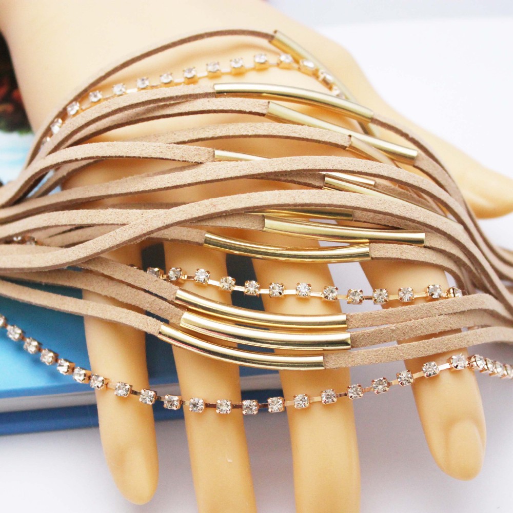 Armband i läder och Strasskristaller samt i 18 K Guldplätering - 5