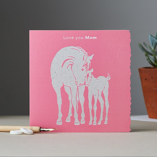 Card Deckled Edge Art Horse Motif Love You Mum