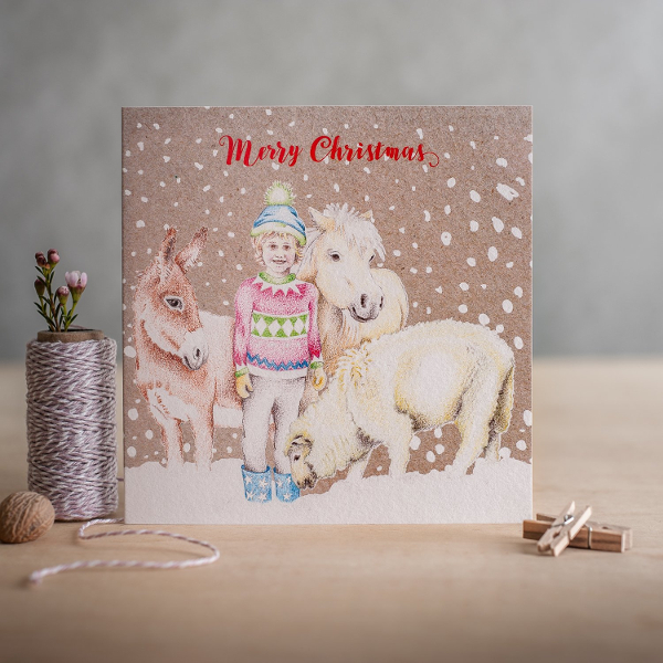Christmas Card Deckled Edge Art Horse Motif Merry Christmas