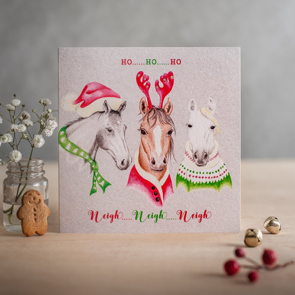 Christmas Card Deckled Edge Art Horse Motif Ho Ho Ho