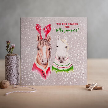 Christmas Card Deckled Edge Art Horse Motif Silly Jumpers