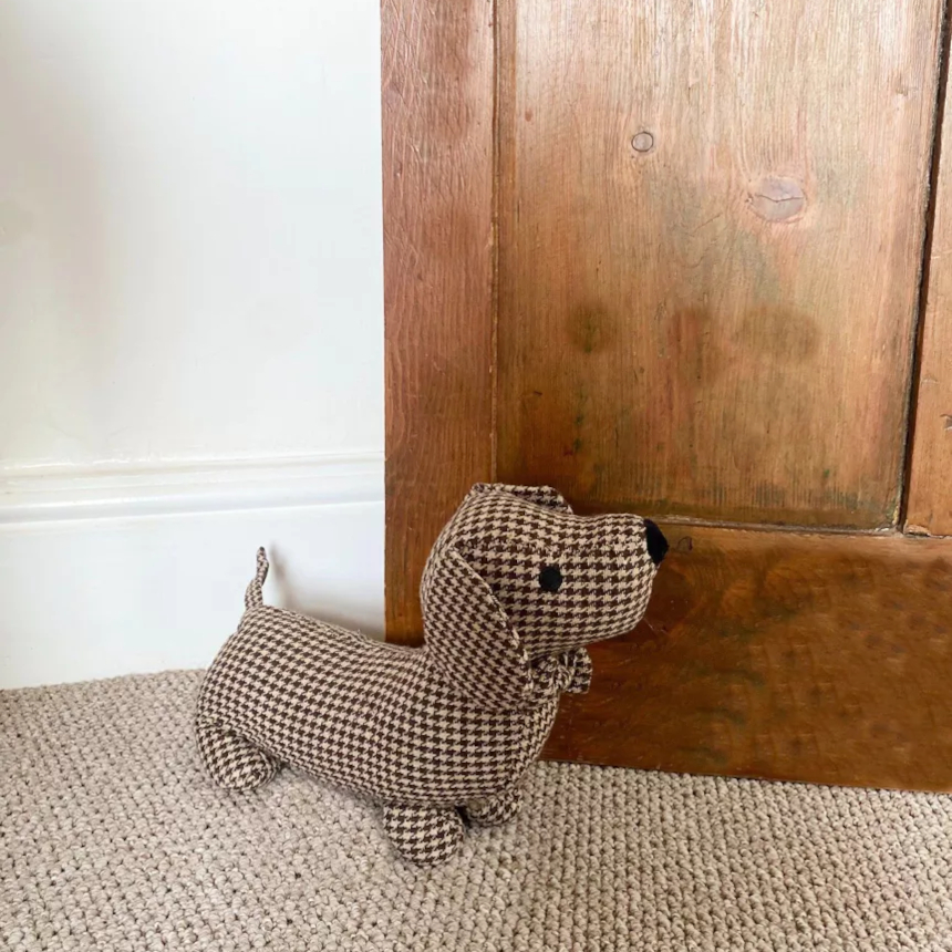 Doorstop Sausage Dog Houndstooth Brown Butik Quse