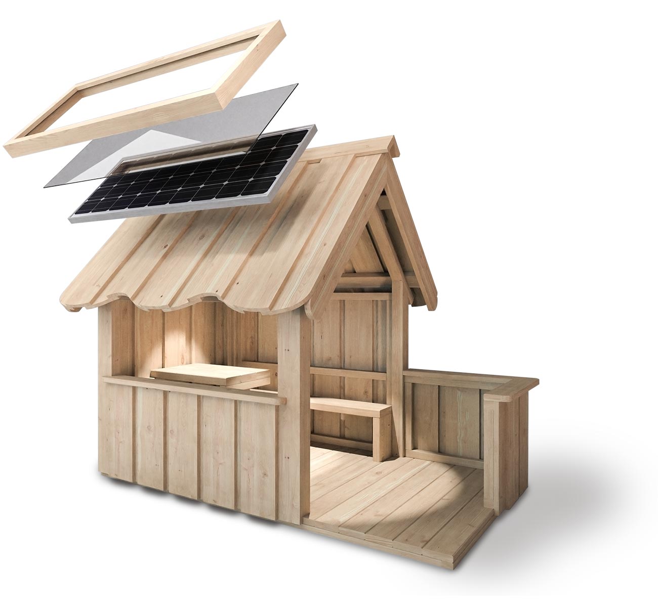 Lekstuga med solpanel i skikt. Visar hur panelen är uppbyggd och kablar är dragna