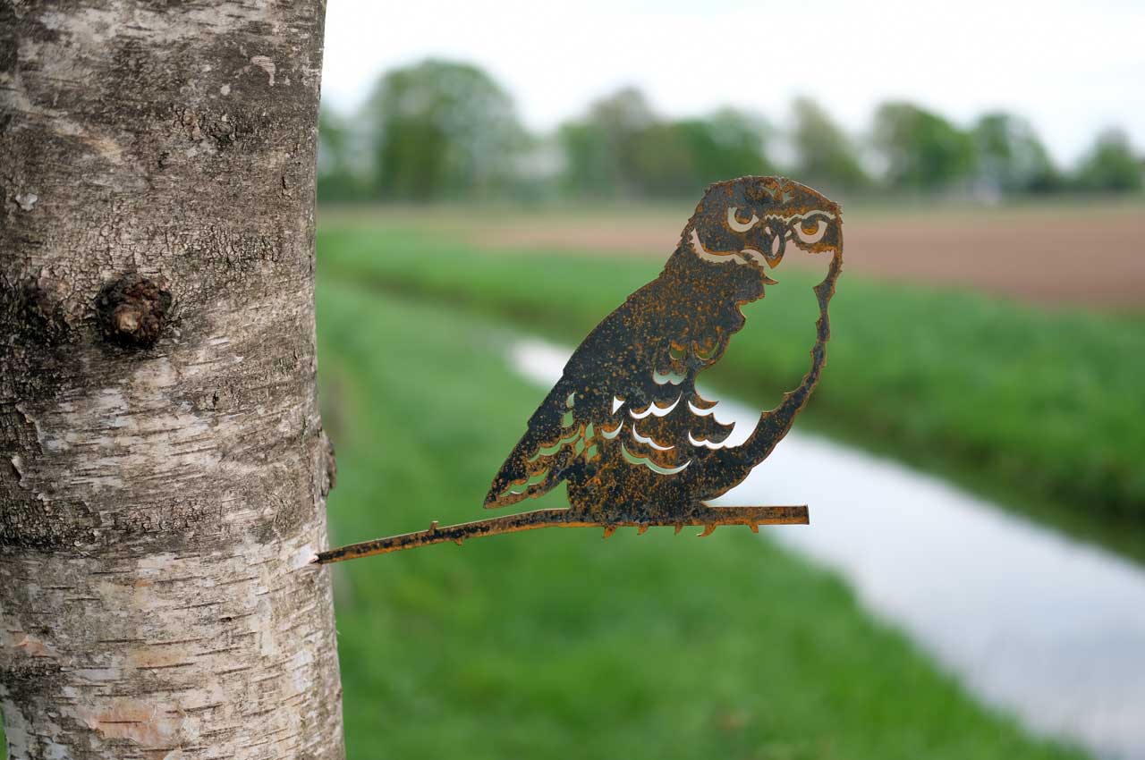 Uggla i stål 28 cm. Fågelsiluett rostig fågel