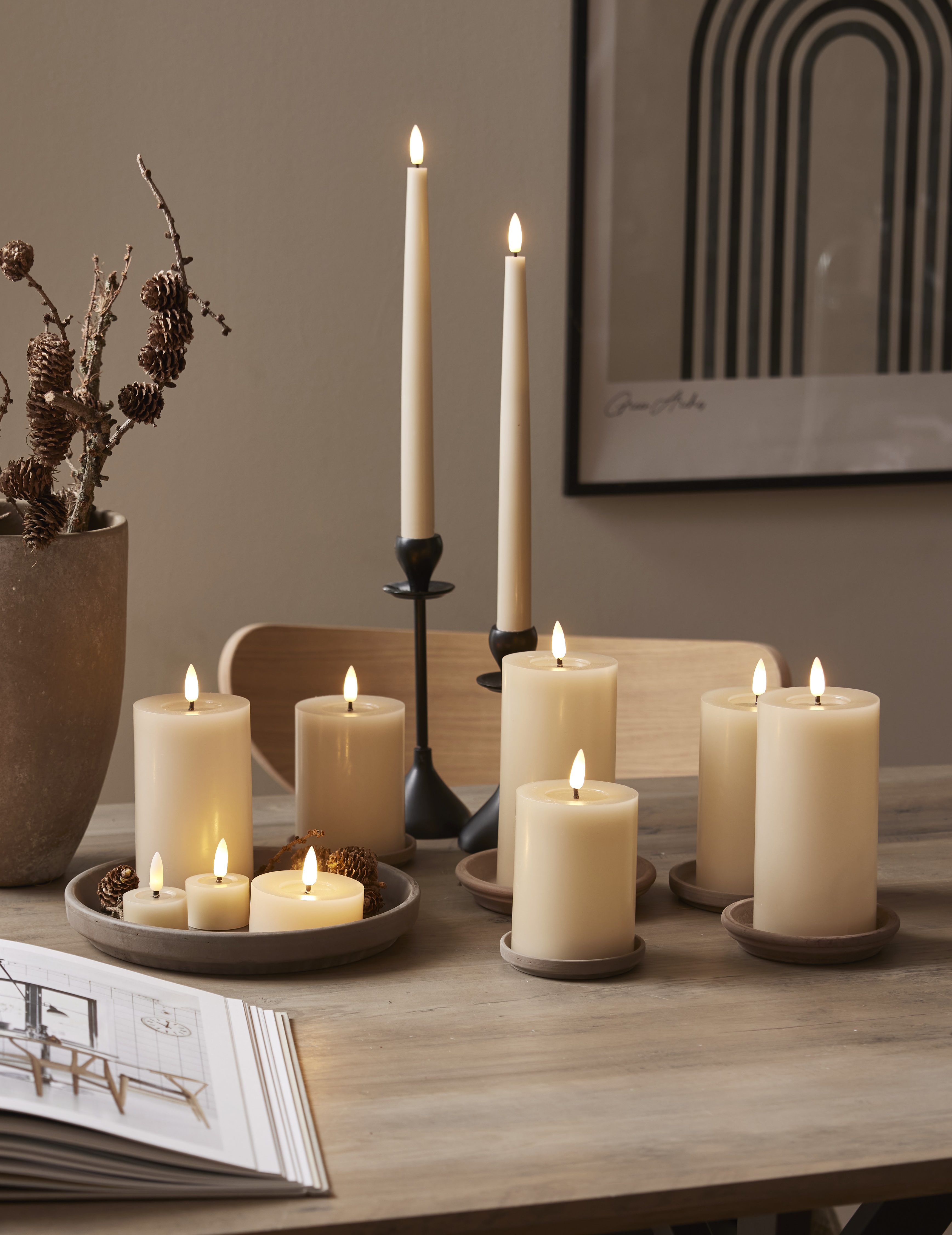 Blockljus beige 15 cm M. LED Batteriljus flow vax med timer