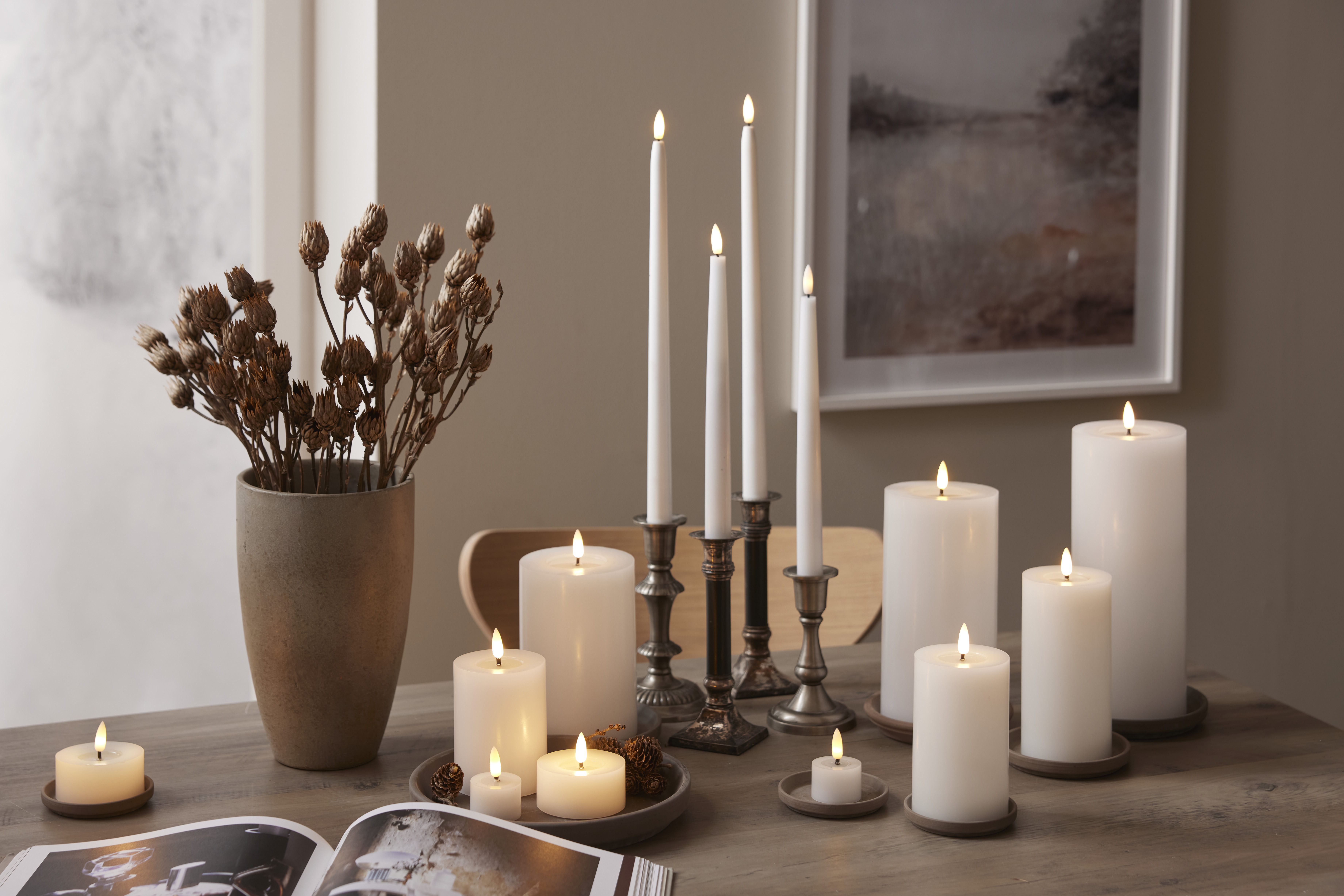 2 st stora värmeljus vit vax flow. LED-ljus. Batteriljus med timer