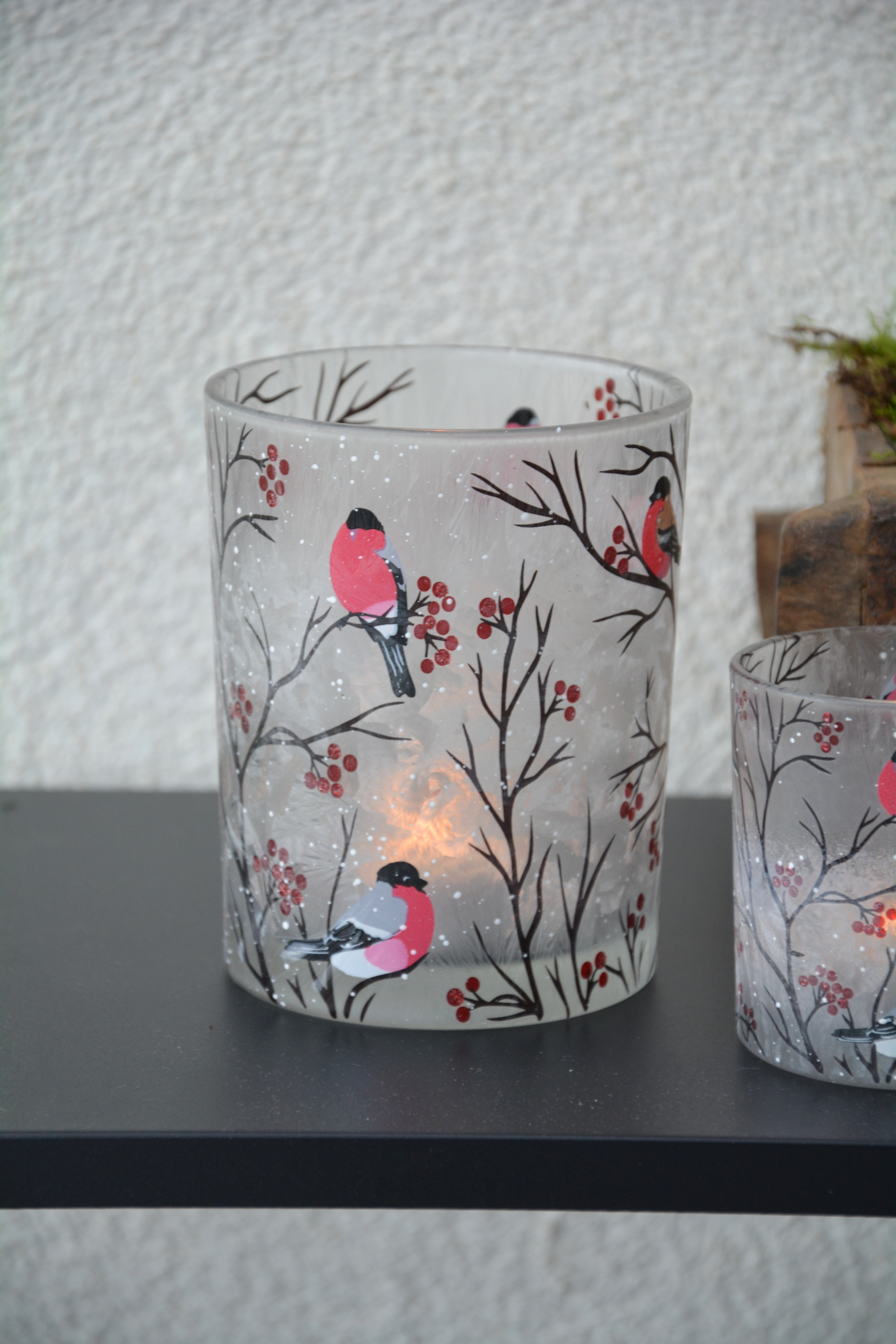 Ljuslykta i glas med domherrar 12,5 cm stor - 3