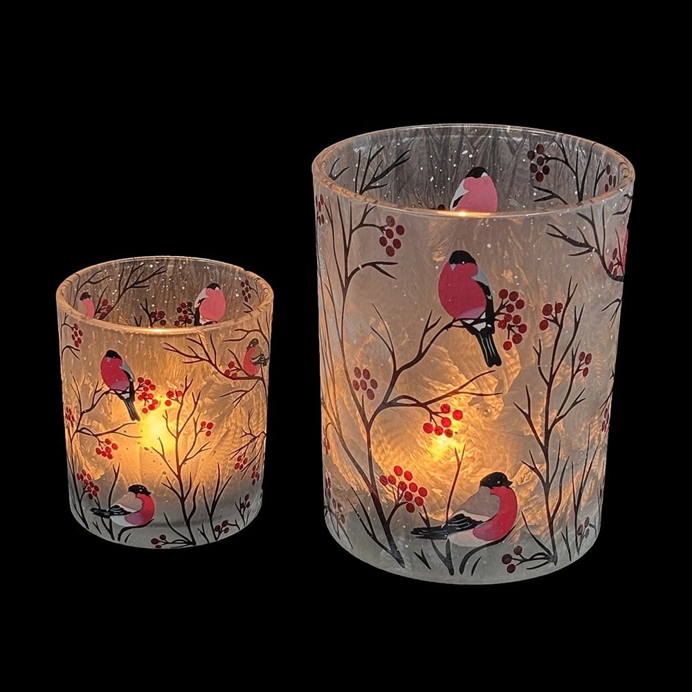 Ljuslykta i glas med domherrar 12,5 cm stor