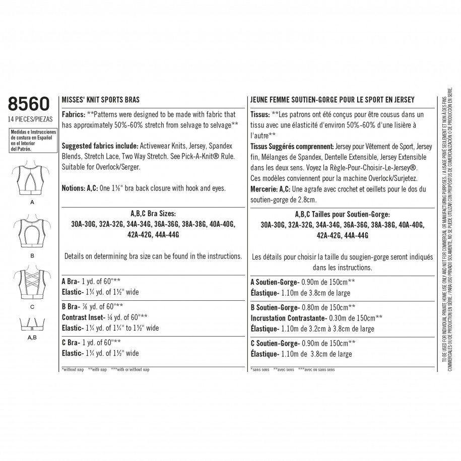 S8560  Simplicity Sewing Pattern Misses' Knit Sports Bras
