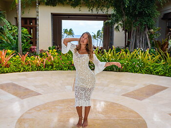 Handmade crochet loose sleeve knee length dress WHITE