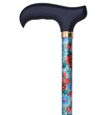 Ingrid Hopvikbar aluminiumkäpp med röda och blå blommor. 4-delad.