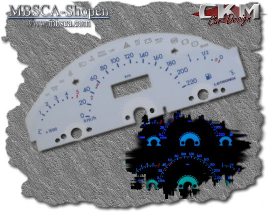 White plasma gauges with blue text. 220km/h