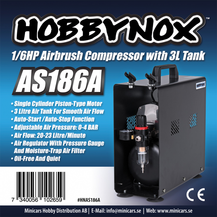 Hobbynox AS186A Hobbynox Airbrush Kompressor 1/6HP med 3L Tank (0-4BAR) - 3