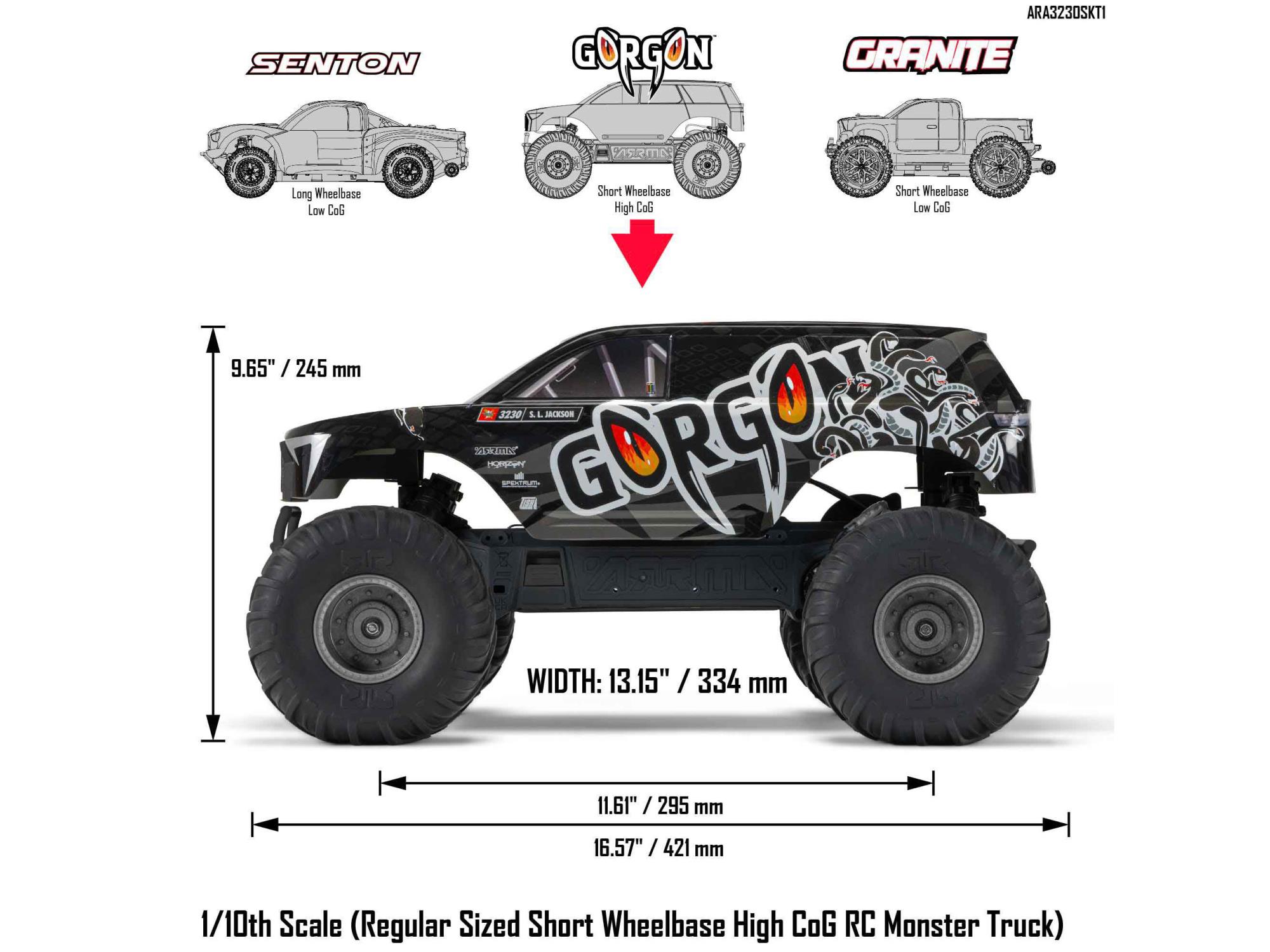 Arrma ARA3230SKT1 1/10 GORGON 2WD RTA Kit Brushed Monster Truck (Battery & Charger Included), Gun Metal - 24