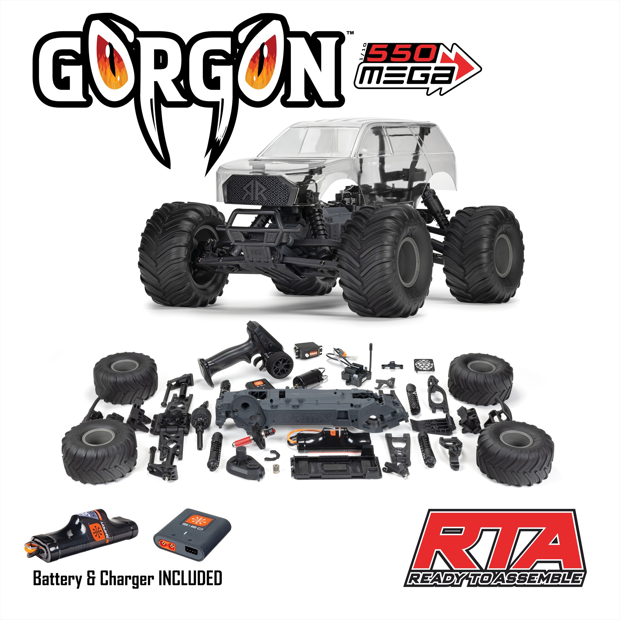 Arrma ARA3230SKT2 GORGON 2WD RTA Kit Brushed Monster Truck (Battery & Charger Included), Clear - 20