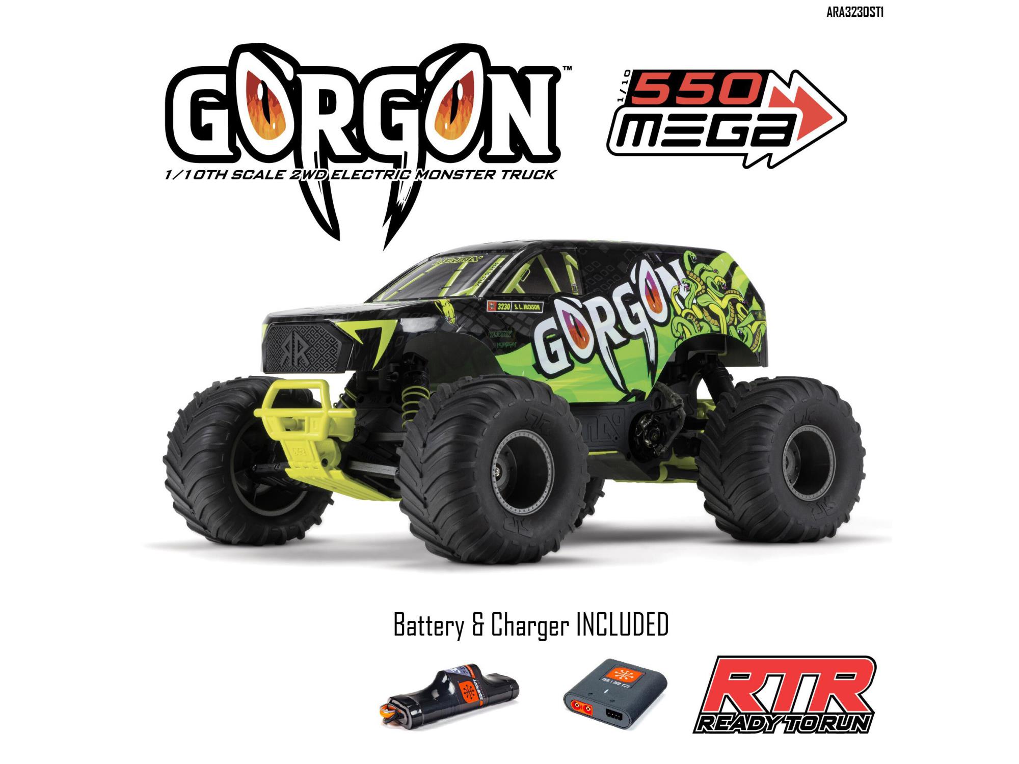 Arrma ARA3230ST1 1/10 GORGON 2WD RTR Brushed Monster Truck (Battery & Charger Included), Yellow - 26