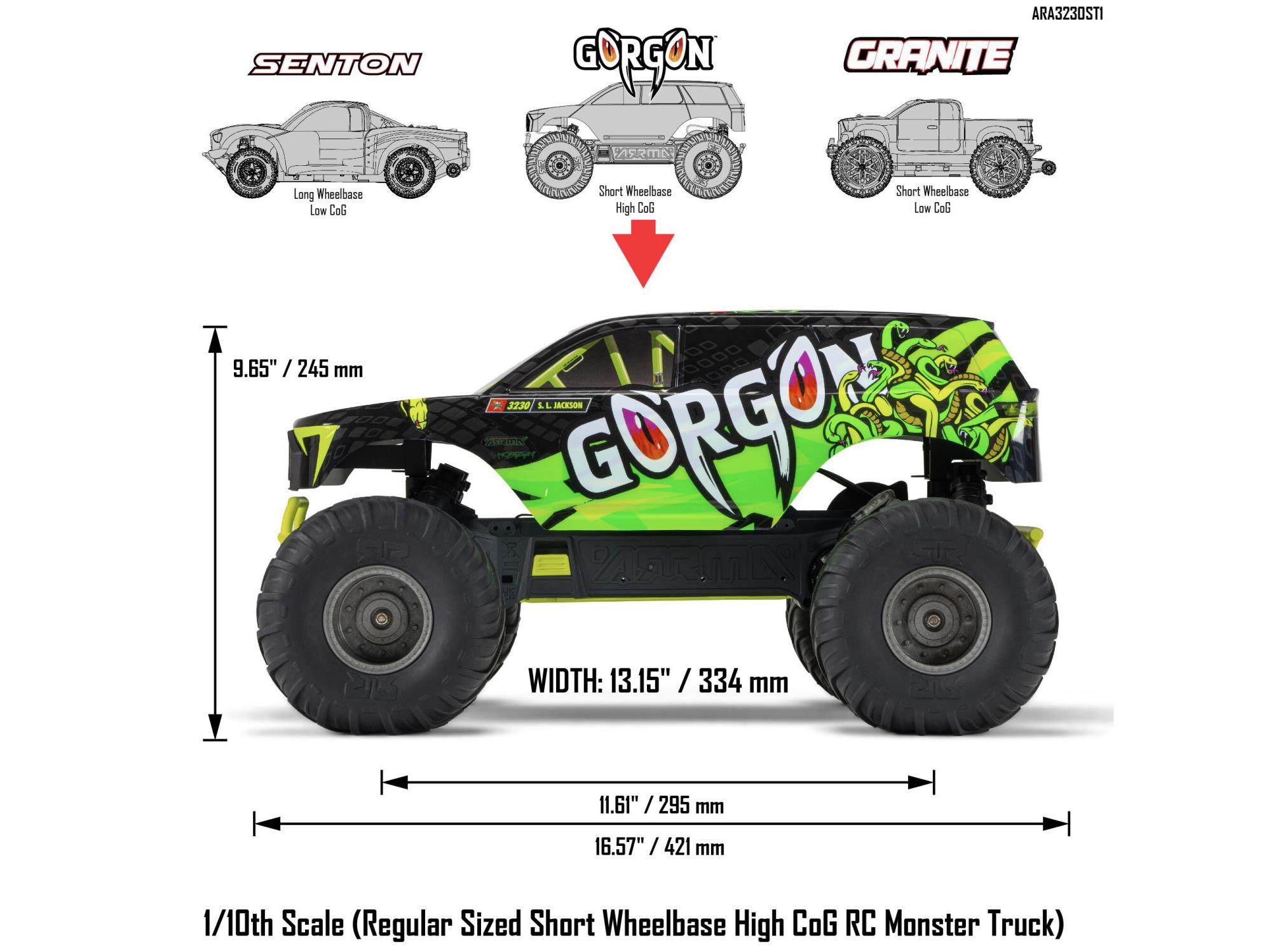Arrma ARA3230ST1 1/10 GORGON 2WD RTR Brushed Monster Truck (Battery & Charger Included), Yellow - 25