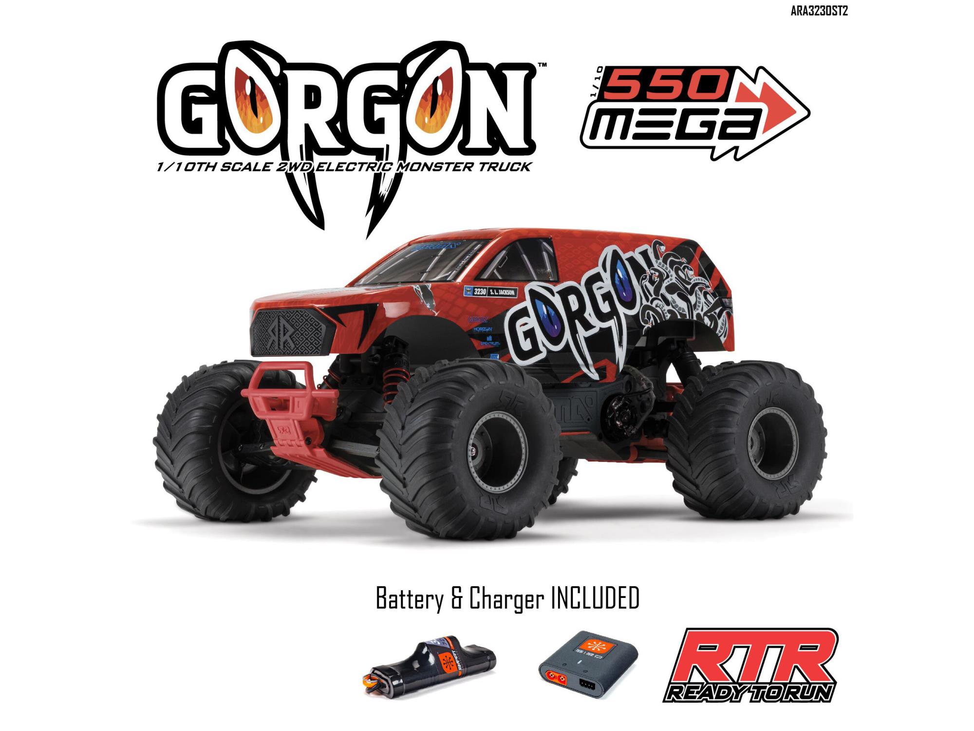 Arrma ARA3230ST2 GORGON 2WD RTR Brushed Monster Truck (Battery & Charger Included), Red - 26