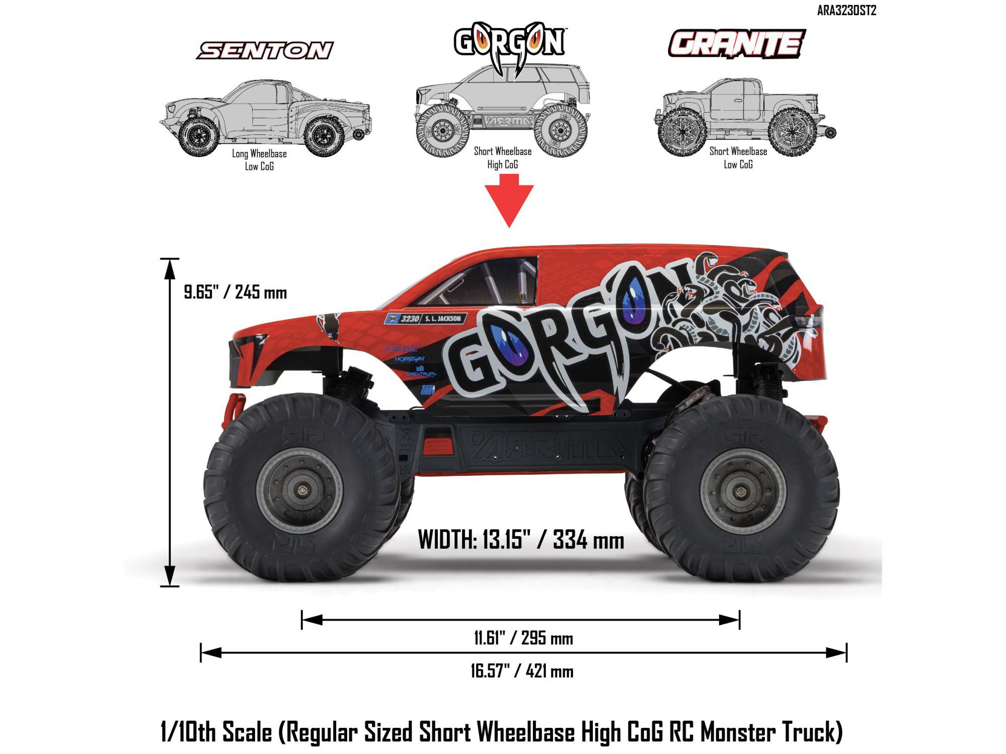 Arrma ARA3230ST2 GORGON 2WD RTR Brushed Monster Truck (Battery & Charger Included), Red - 25