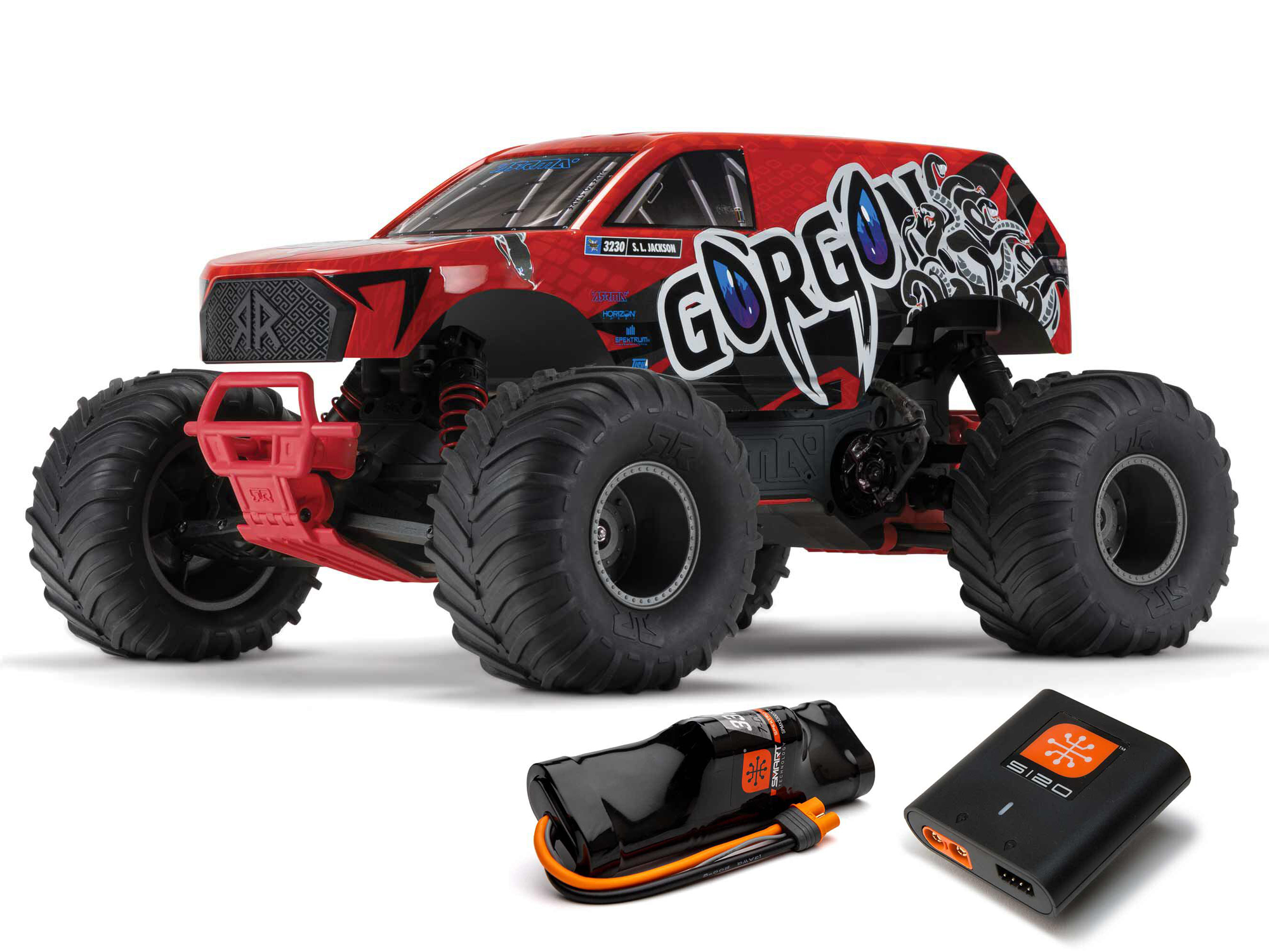Arrma ARA3230ST2 GORGON 2WD RTR Brushed Monster Truck (Battery & Charger Included), Red