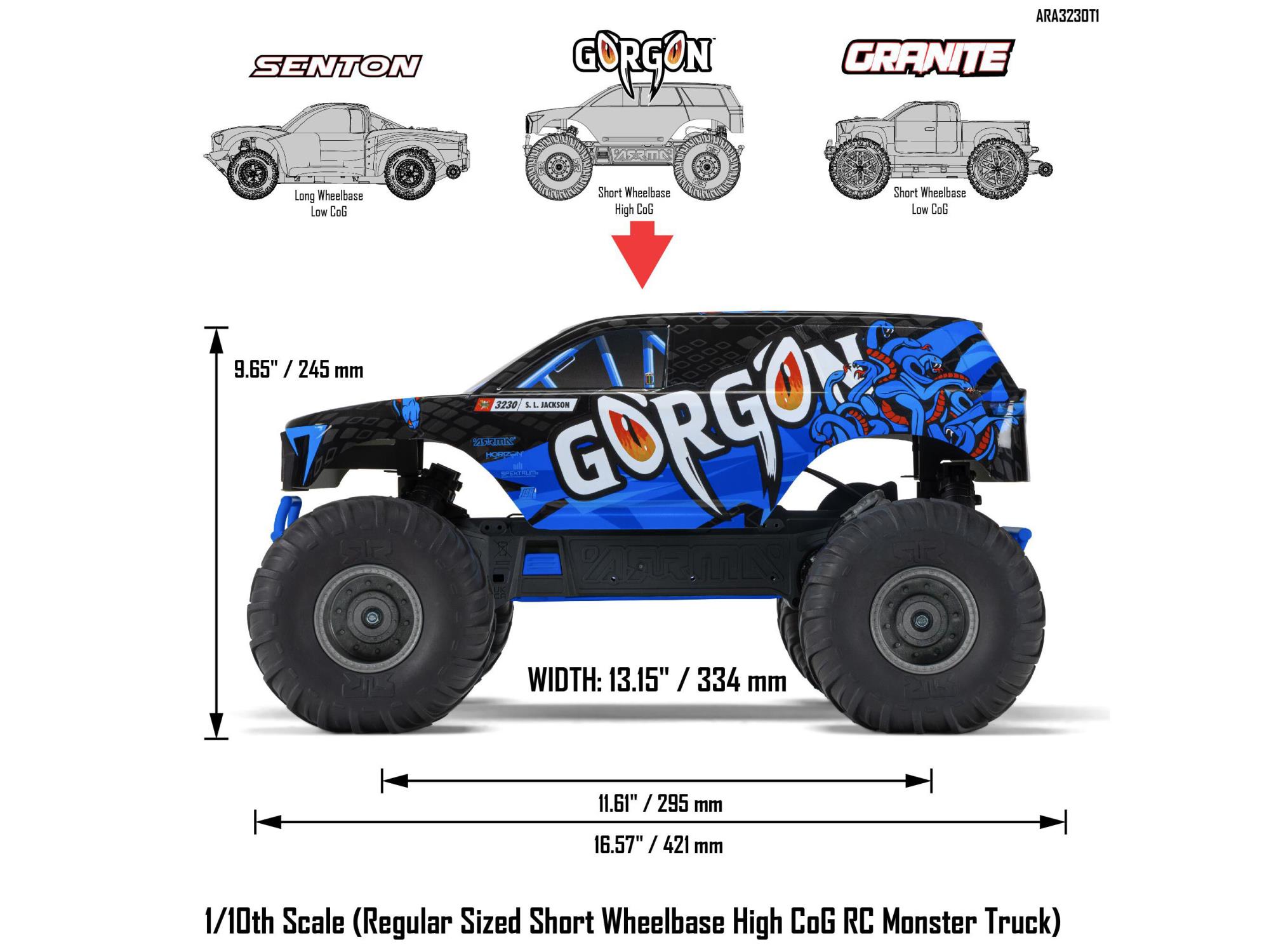 Arrma ARA3230T1 1/10 GORGON 2WD RTR Brushed Monster Truck, Blue - 25