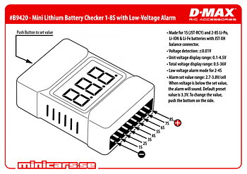 Dynomax B9420 D-Max B9420 Litium Volt Cell Testare Mini med Larm 1-8s