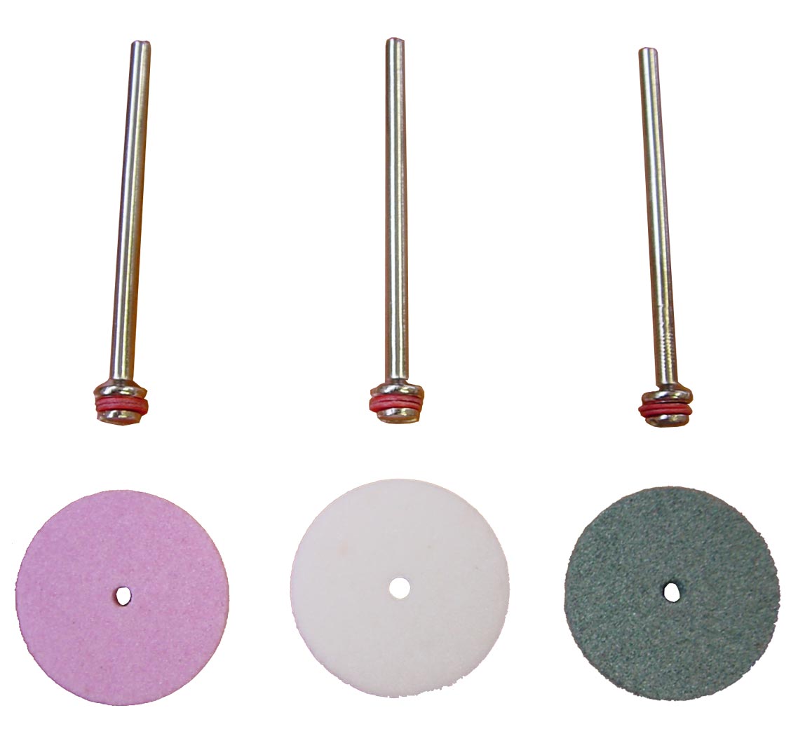 Grinding Wheel Set, 3 pcs support pins, shaft D 2,35mm, 3 pcs grinding wheels, D 22mm, s 2,8mm