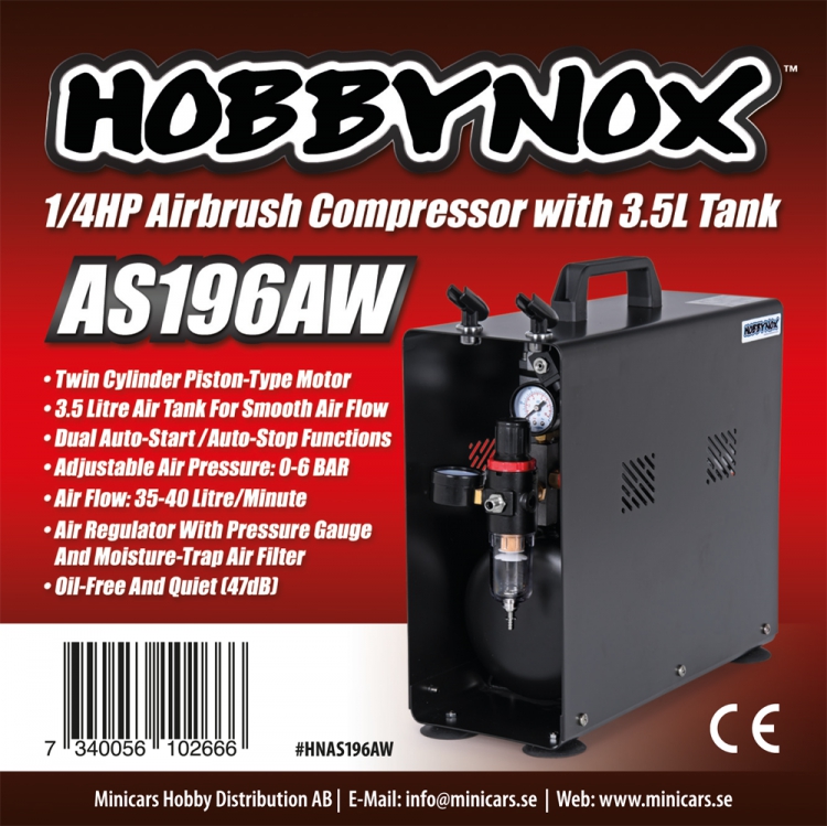 Hobbynox Airbrush Kompressor 1/4HP med 3.5L Tank (0-6BAR) - 3