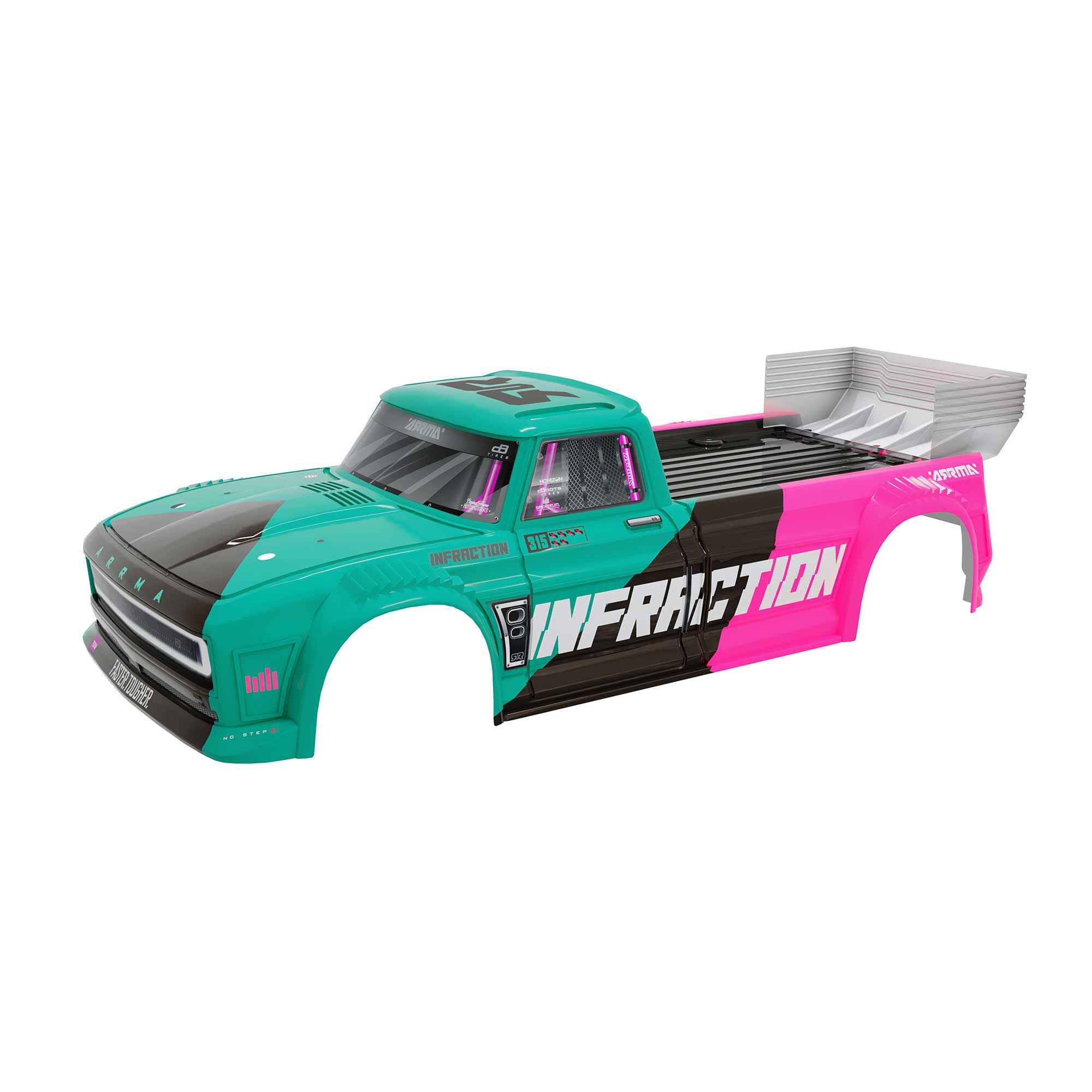 Arrma ARA-2649 INFRACTION 4X4 Al-Road 3S BLX Painted Decaled Trimmed Body (Teal/Pink)