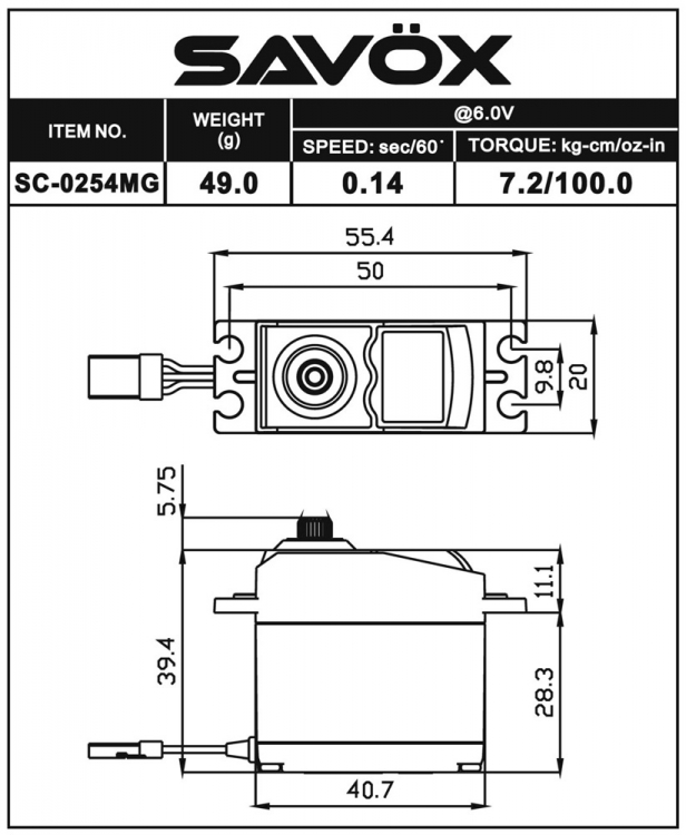 Savöx SC-0254MG Servo 7,2Kg 0,14s Metalldrev - 3