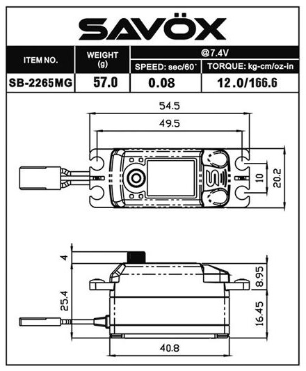 Savöx SB-2265MG Servo 13Kg 0,08s HV Brushless Metalldrev Lågt - 2