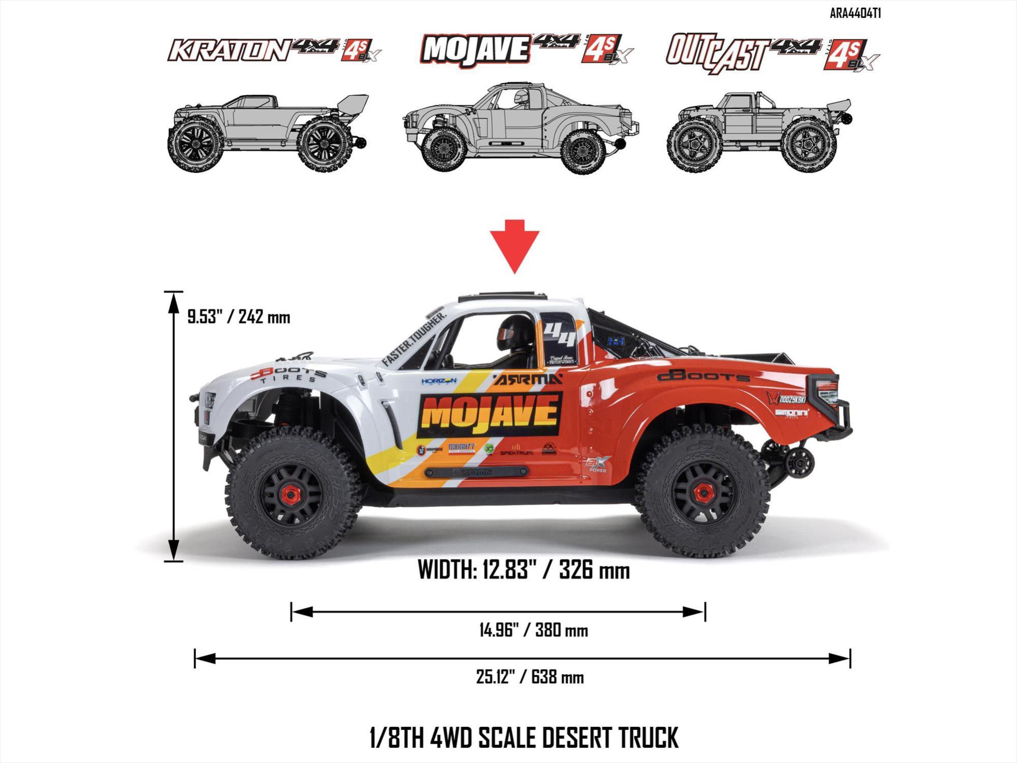 Arrma 1/8 MOJAVE 4S 4X4 RTR Bortstlös Desert Truck, Blå/Röd - 26