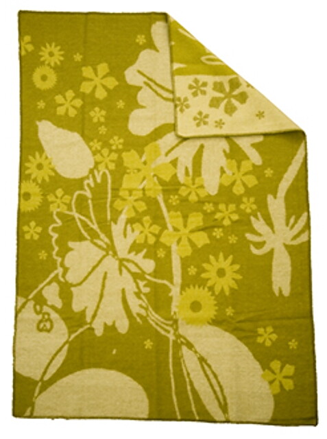 Flowers grön 130x180 jaquardvävd ullpläd