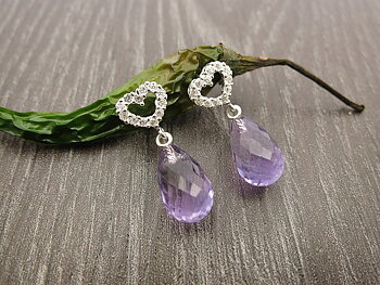 Heart earrings with amethyst drops approx. 8x13mm, cz, 925-silver