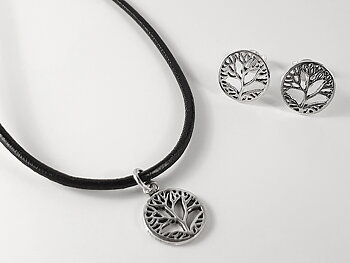 Tree of life pendant on leather neck ring 2mm and ear stud 10mm 925-silver