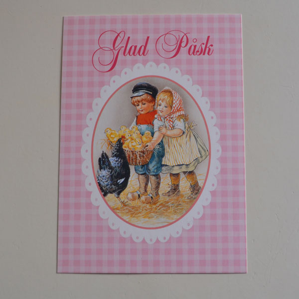 Påskvykort - Flicka och pojke med kycklingar