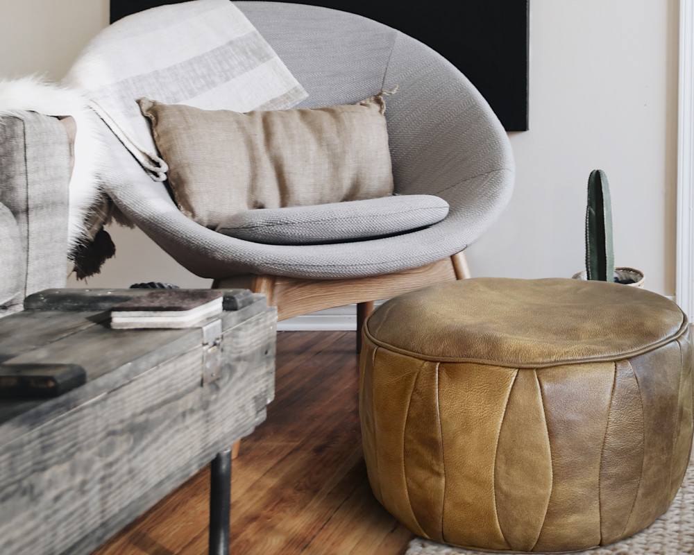 Läder Sittpuff Olive
