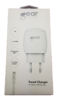 GEAR  1A 1x USB, inkl Micro USB kabel 1m.