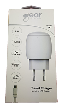 GEAR  2.4A 2 x USB, inkl Micro USB kabel 1m.